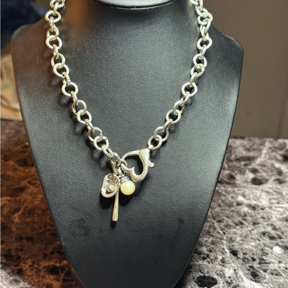 Stylish Silver Charm Necklace with Heart and baseball Pendant